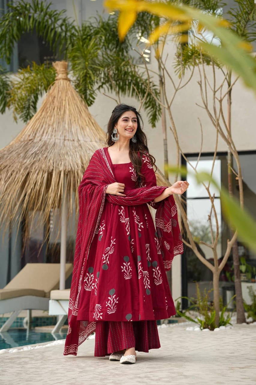 Anarkali Discharge Print cotton Kurta set