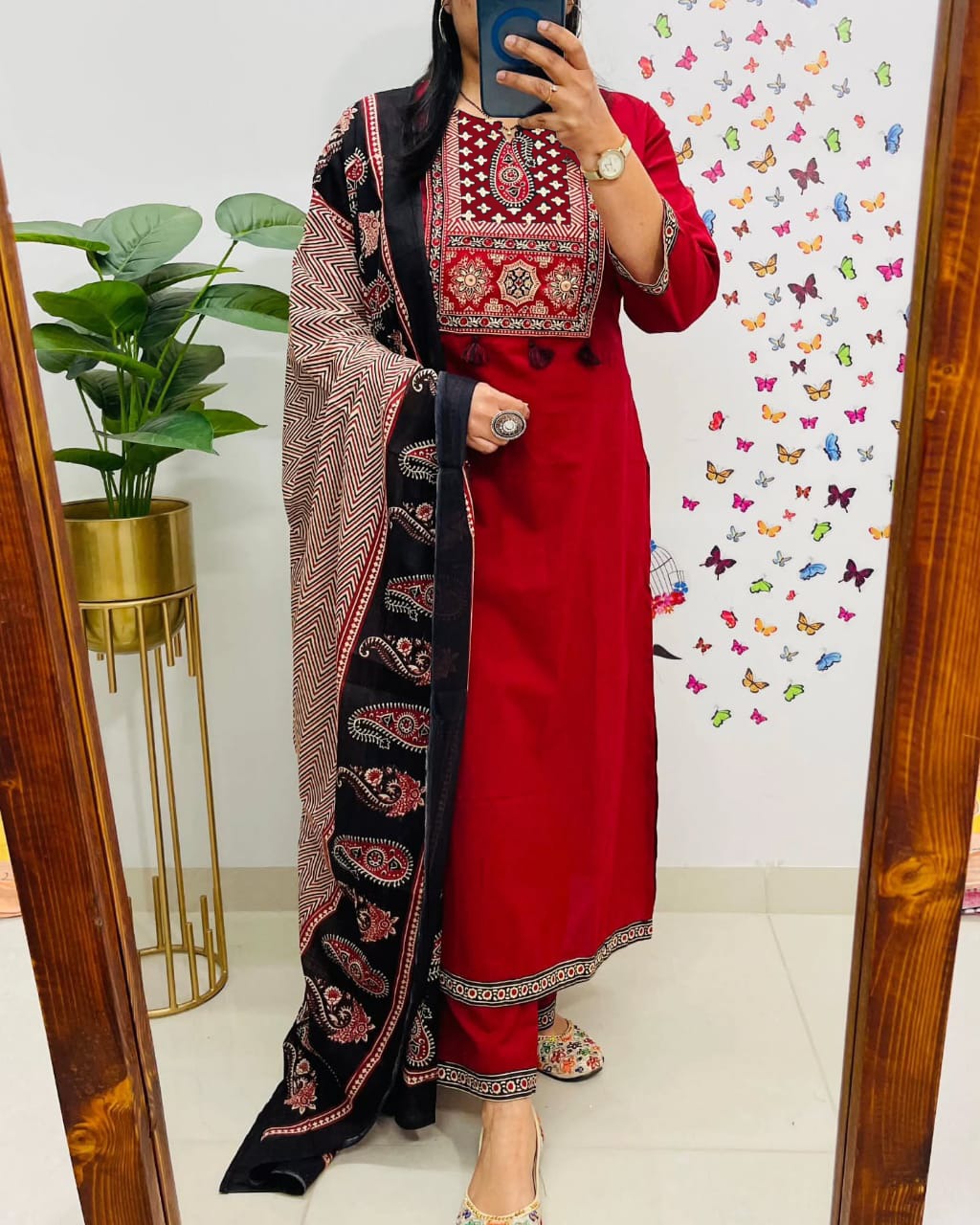 Libas Traditional Red Kurta Set with Ajrak Dupatta