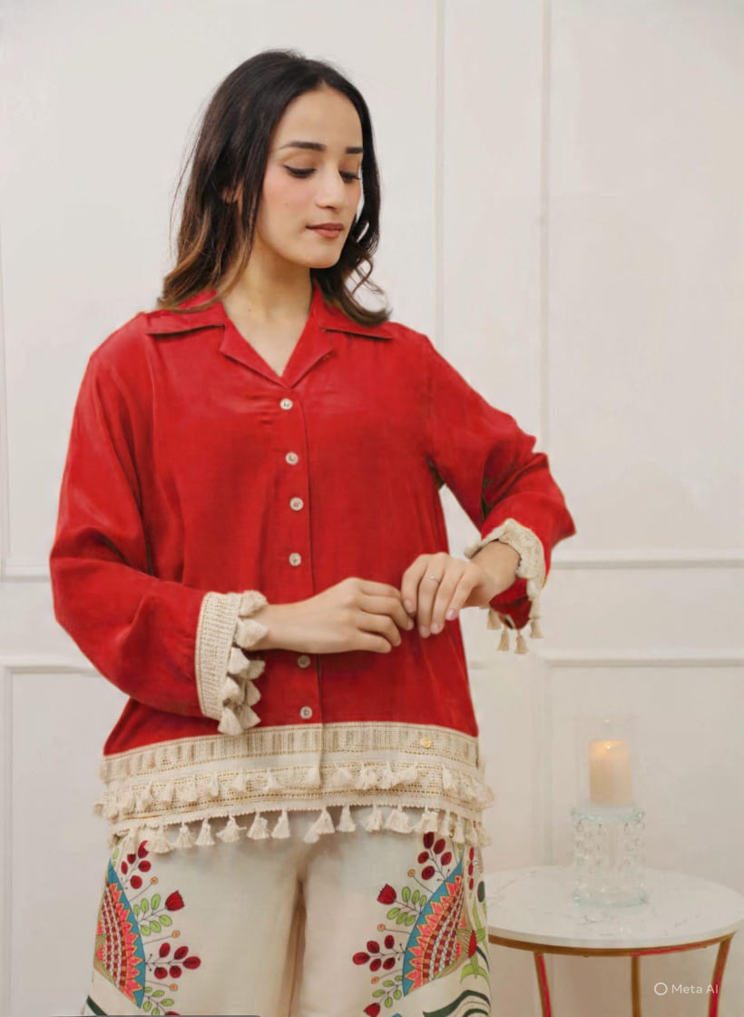 Red Boho Embroidered Coord Set