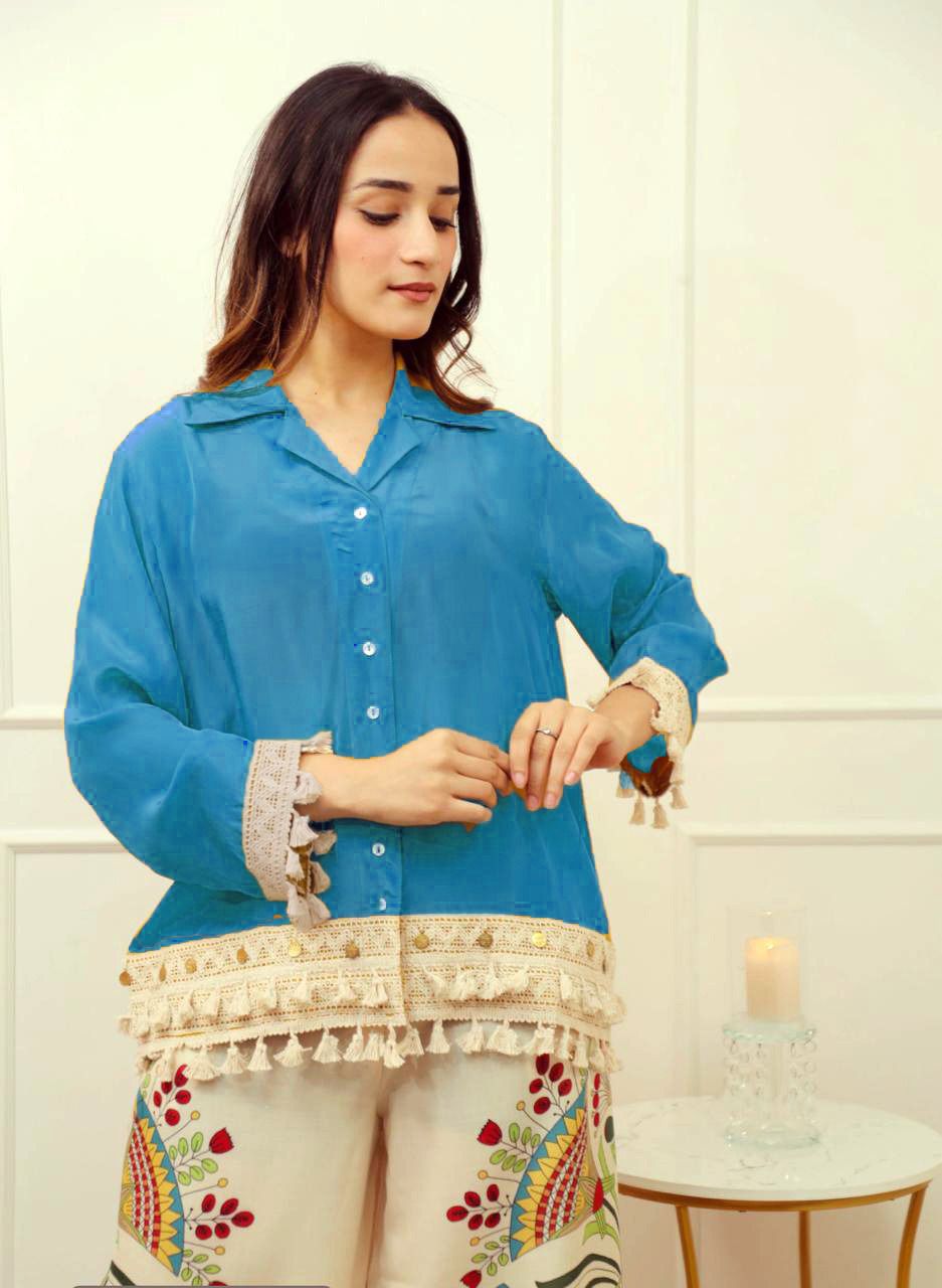 Blue Boho Embroidered Coord Set