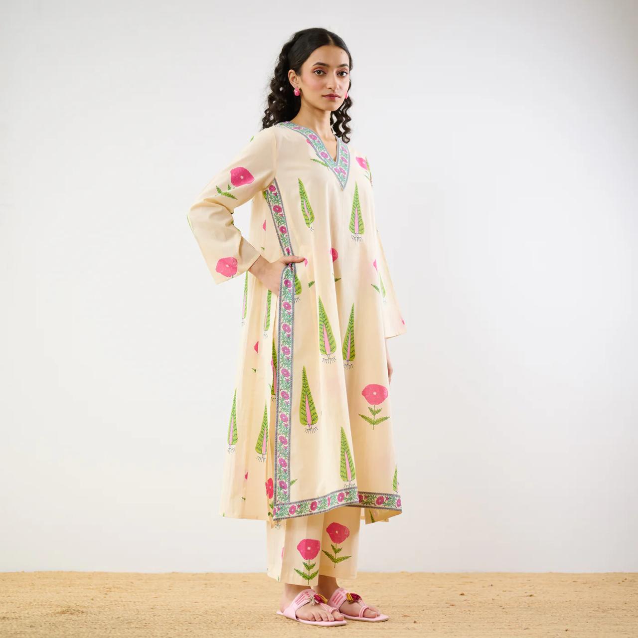 Beige Floral Printed Kurta Set with Palazzo Pants for Women