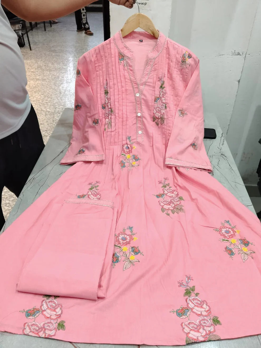 Pink A-line mulmul cotton kurta set with a plazo