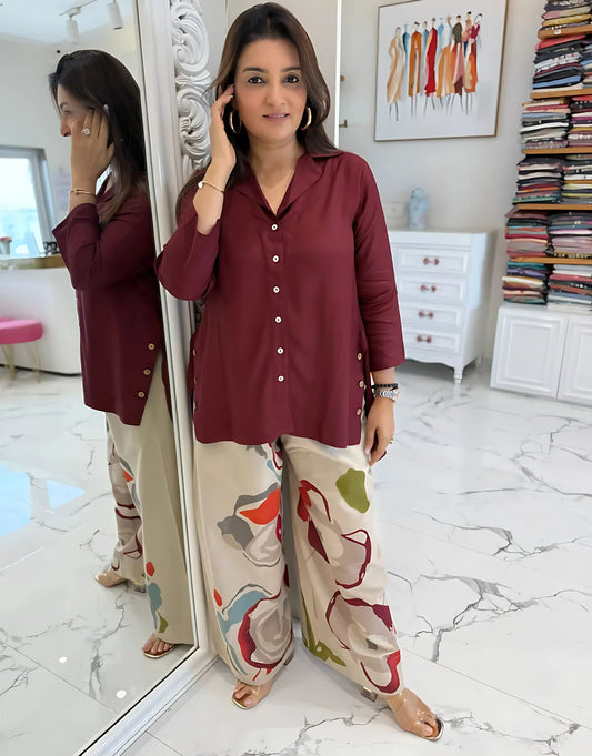 Priyas Burgandy Top with Printed Stylish Pants
