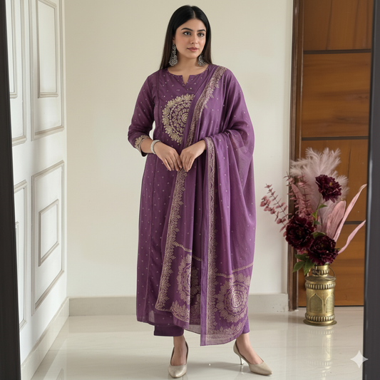 Purple Elegant A-Line Kurti with Embroidery & Dupatta