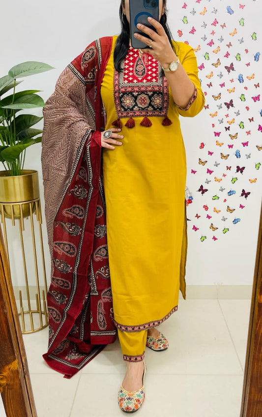 Libas Traditional Mustard Yellow Kurta Set with Ajrak Dupatta