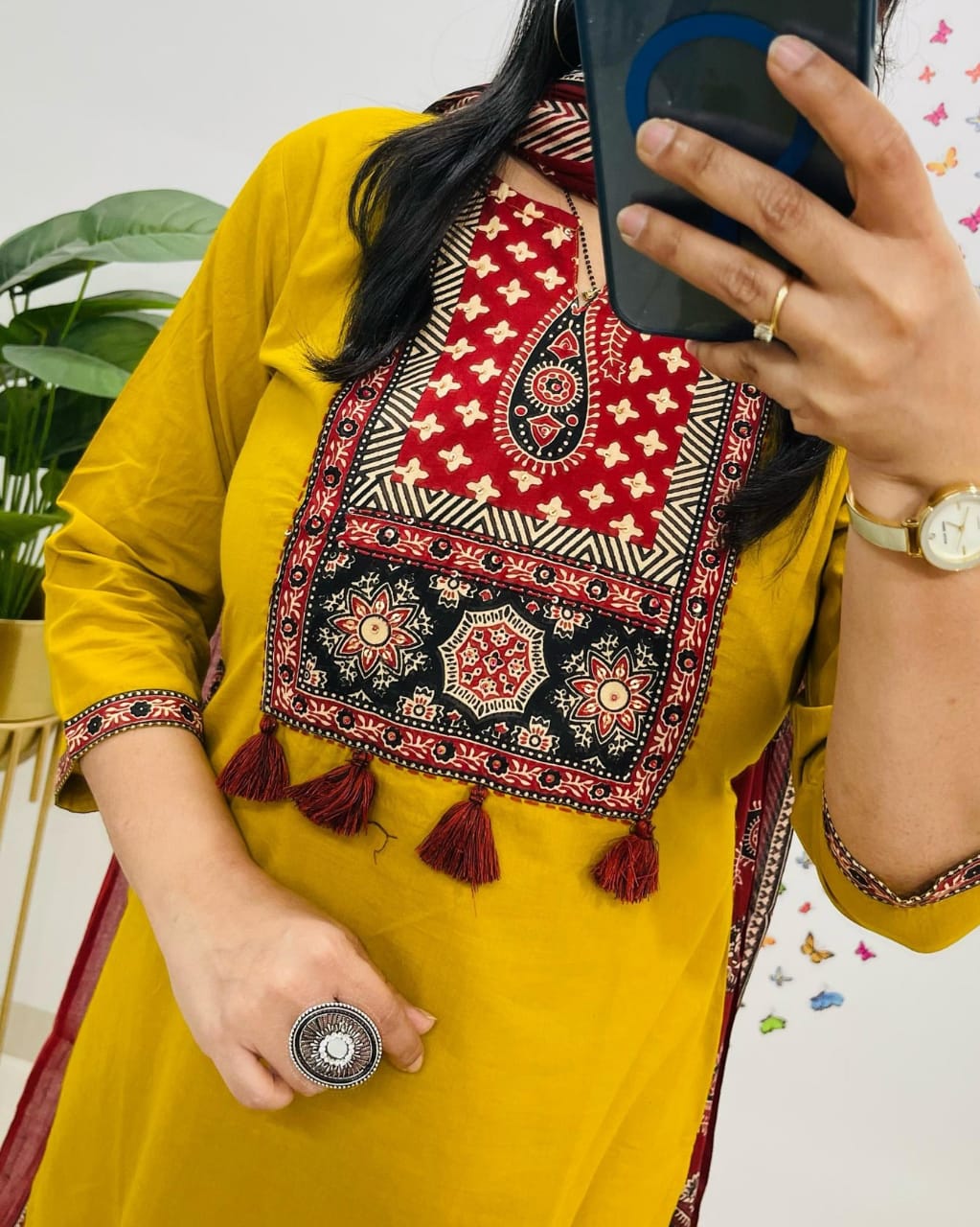 Libas Traditional Mustard Yellow Kurta Set with Ajrak Dupatta