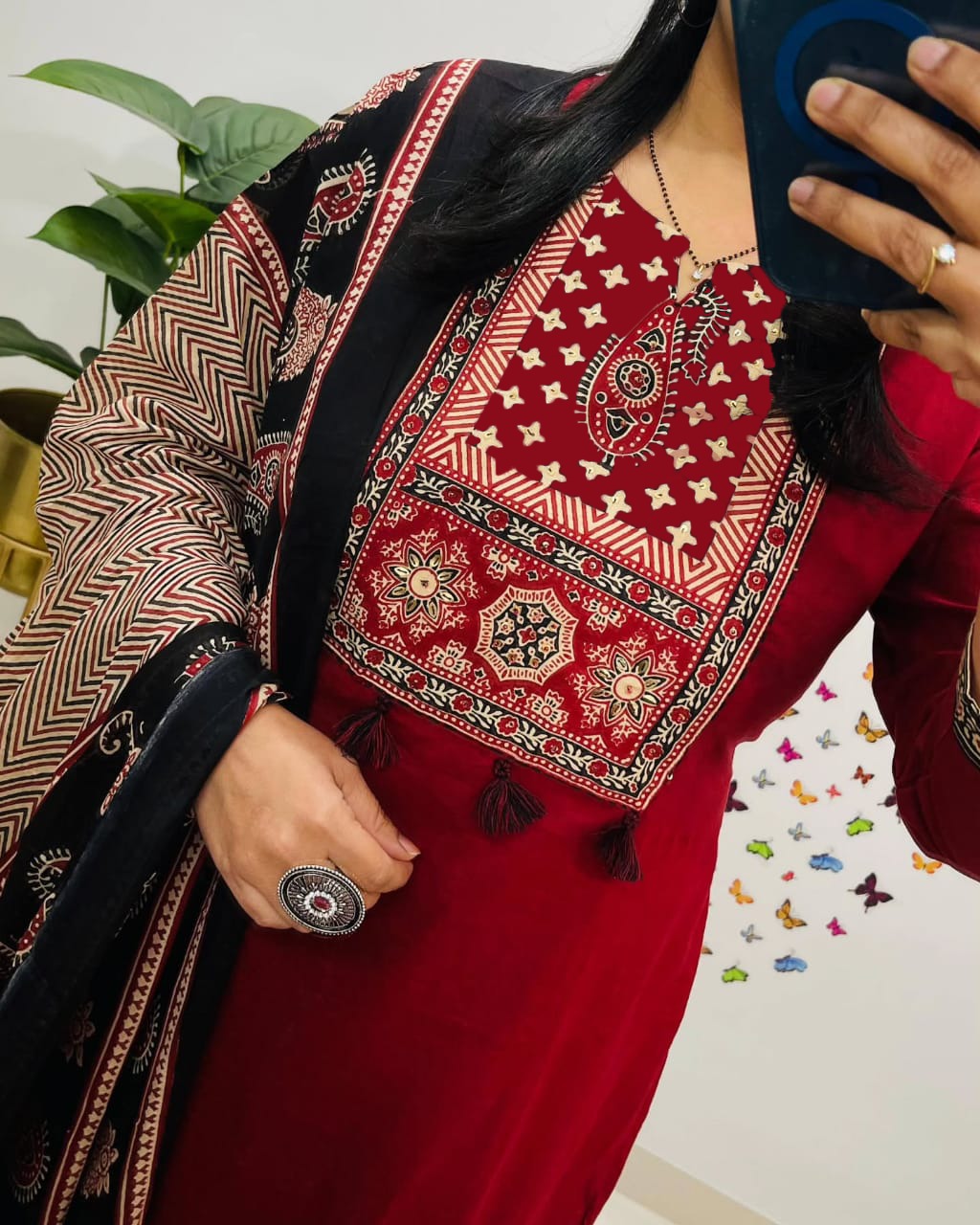 Libas Traditional Red Kurta Set with Ajrak Dupatta
