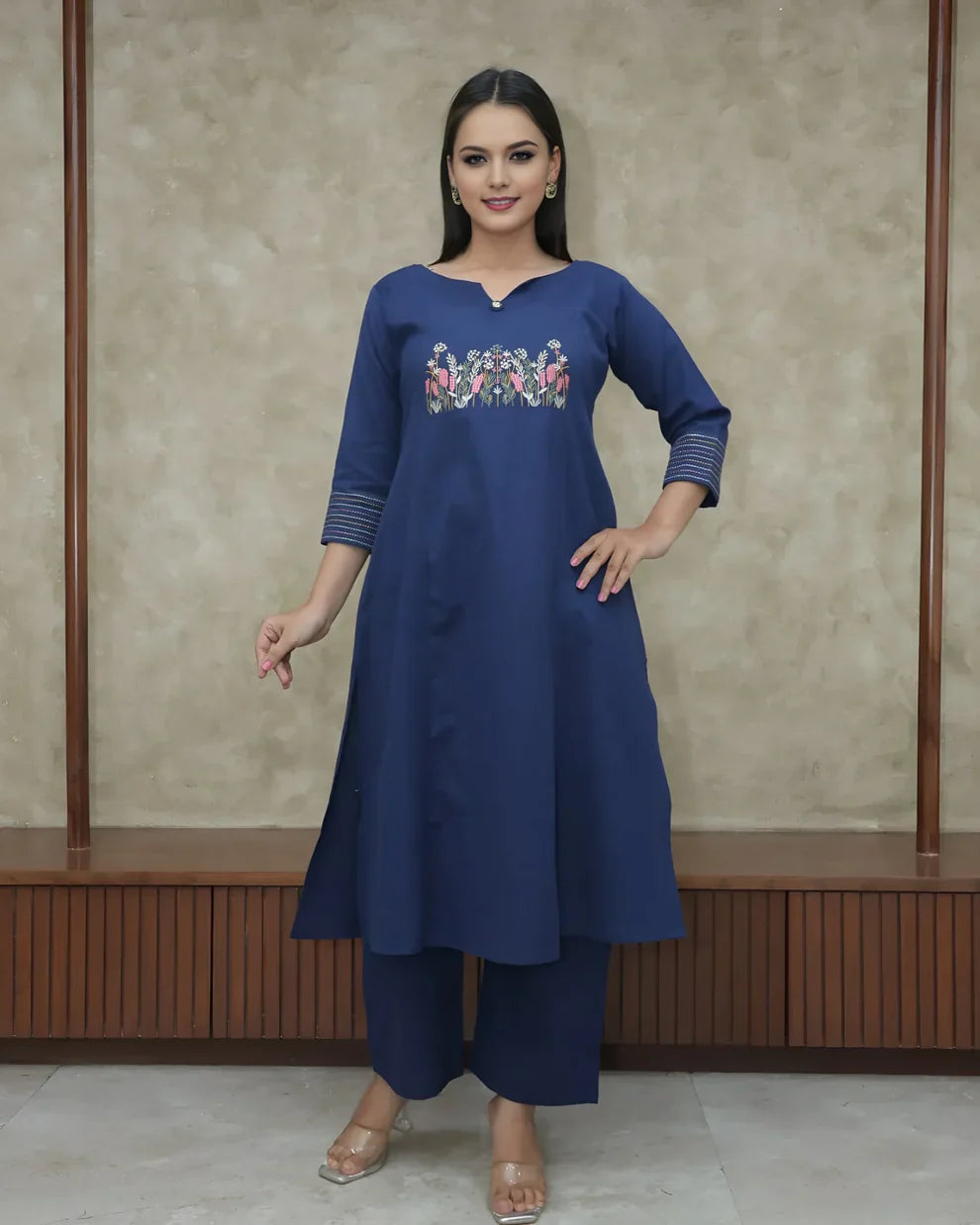 Blue Embroidered Cotton Flex Kurta and Pant Set