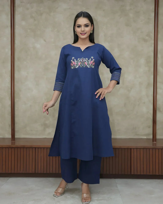 Blue Embroidered Cotton Flex Kurta and Pant Set