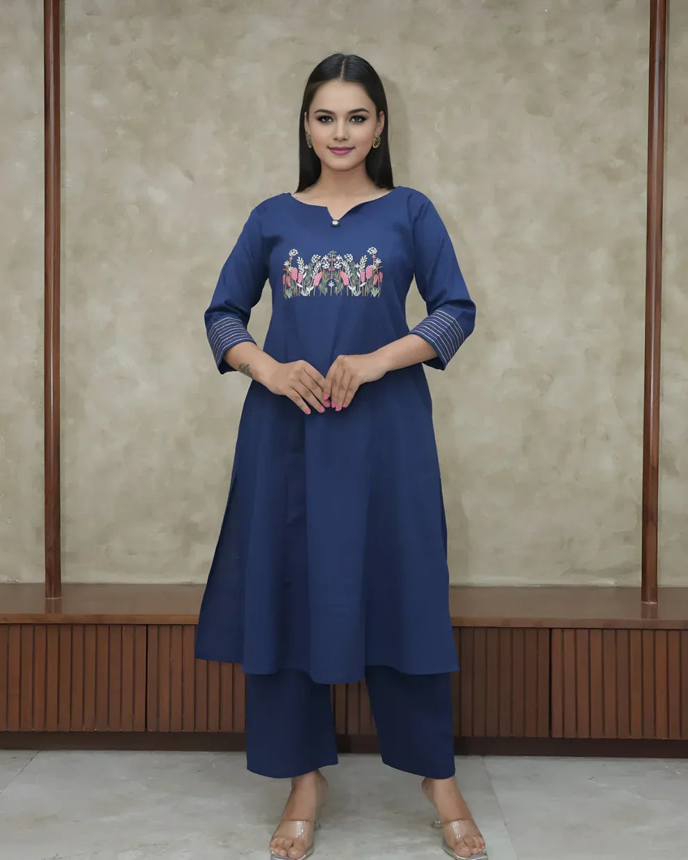 Blue Embroidered Cotton Flex Kurta and Pant Set