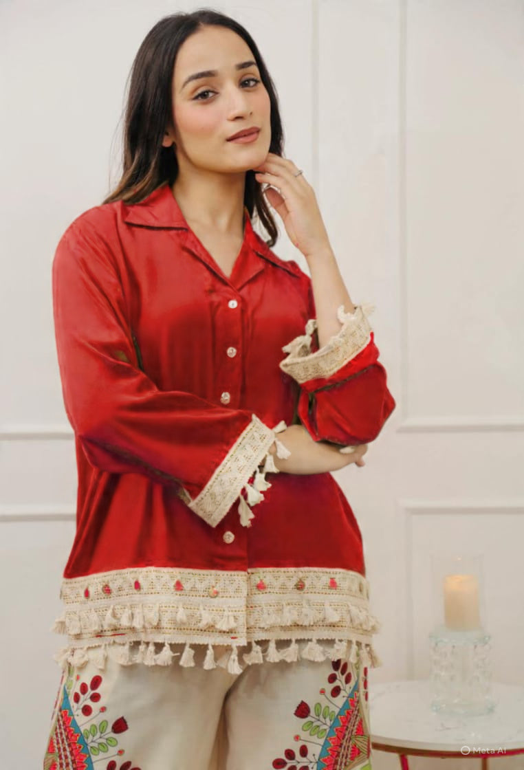 Red Boho Embroidered Coord Set