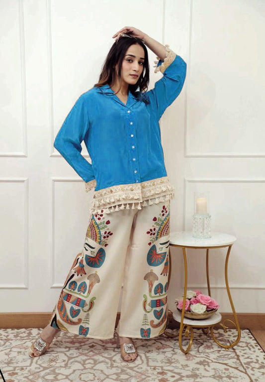 Blue Boho Embroidered  Coord Set