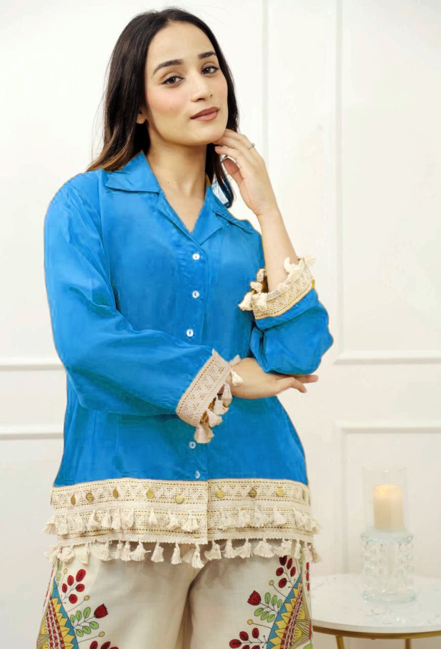 Blue Boho Embroidered  Coord Set