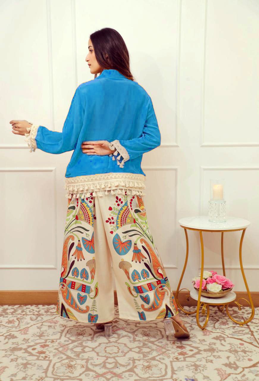 Blue Boho Embroidered  Coord Set