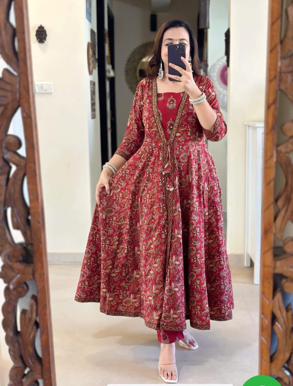 Red Printed Anarkali Kurta Set with Dupatta for Women