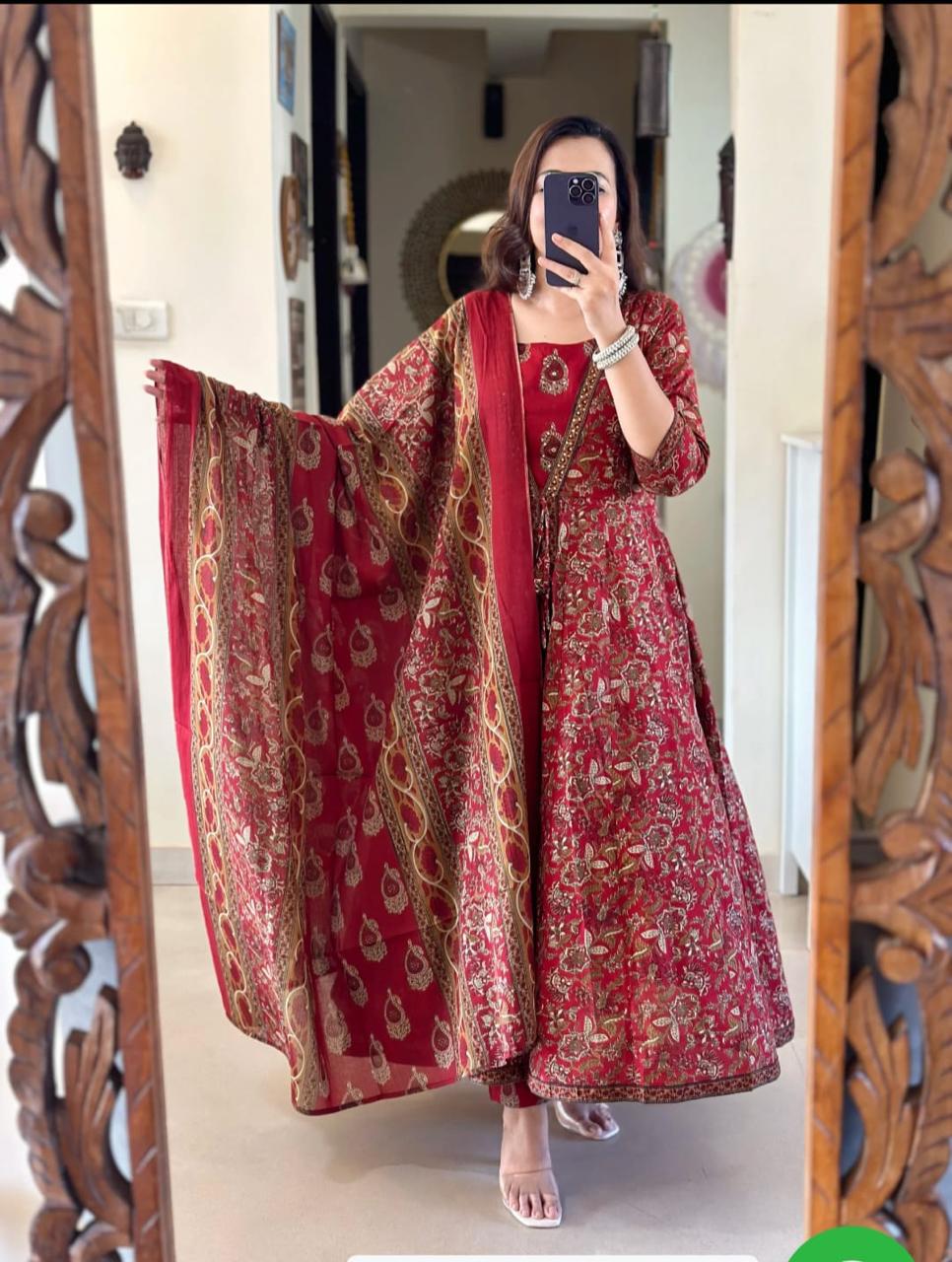 Red Printed Anarkali Kurta Set with Dupatta for Women