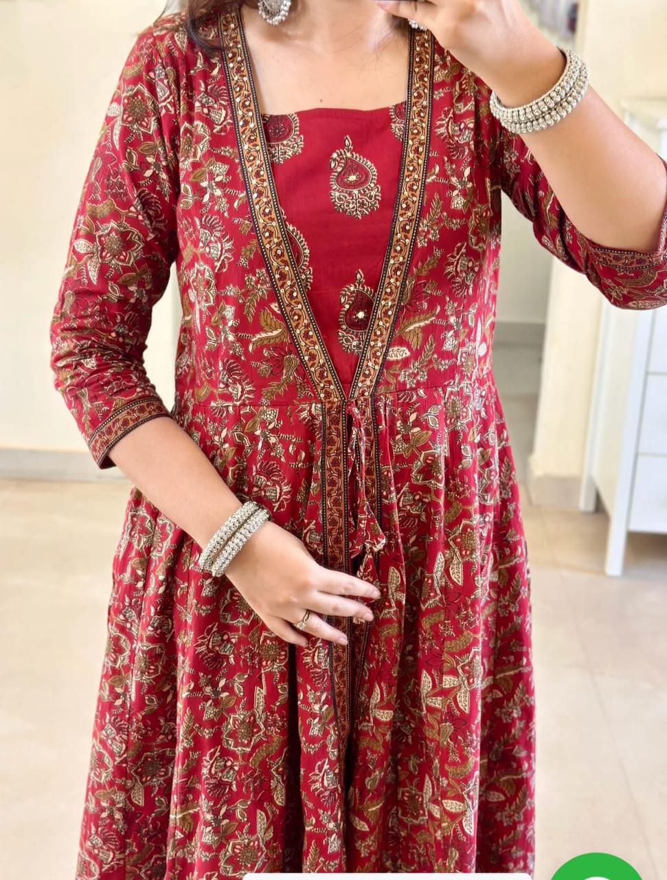 Red Printed Anarkali Kurta Set with Dupatta for Women