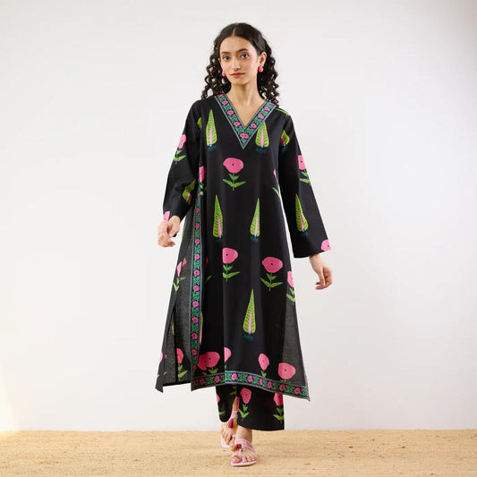 Black Floral Printed Kurta Set with Palazzo Pants for Women