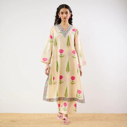 Beige Floral Printed Kurta Set with Palazzo Pants for Women