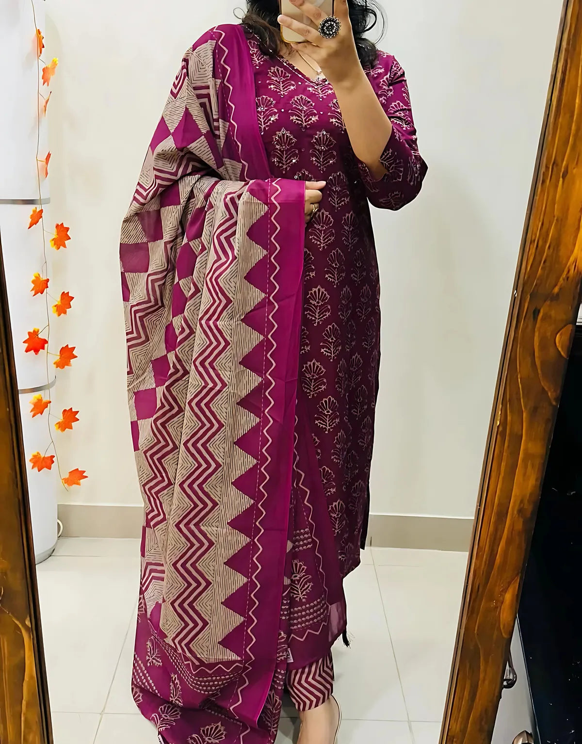 Pink Cotton Printed Kurta Set